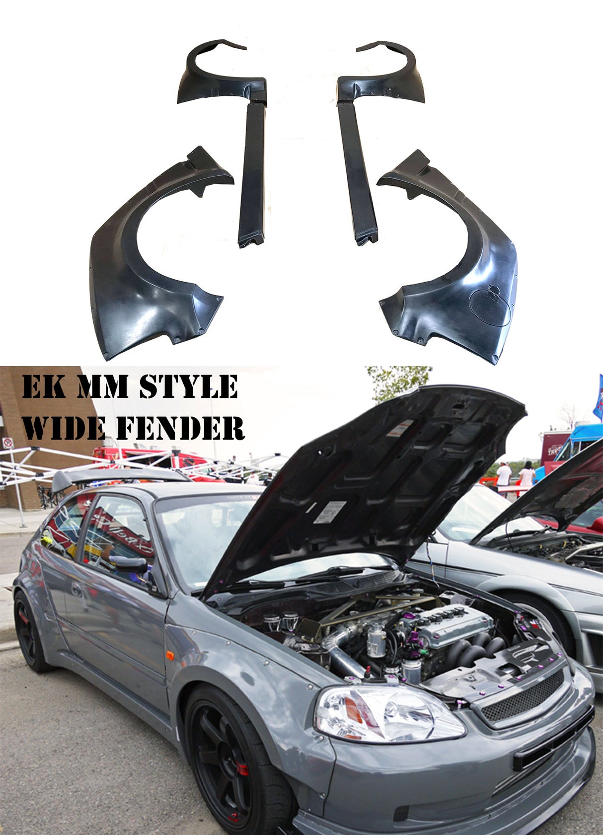99-00 Honda Civic 3dr MM Style Full Wide Body Fender Flare Kit 7pcs Fiber Glass Unpaint