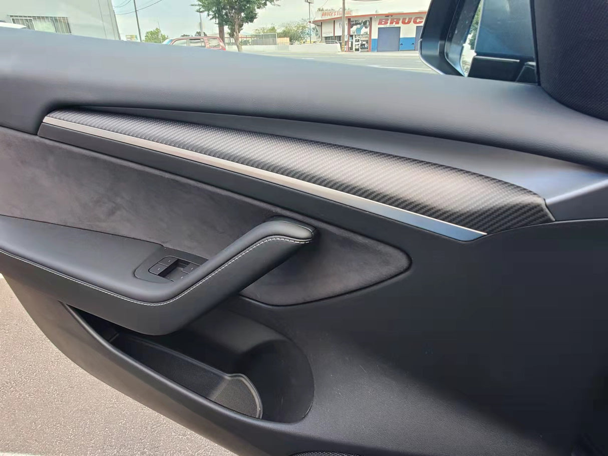 22-23 TESLA MODEL Y DASH TRIM COVER+ FRONT DOOR CAP 3PCS/ SET MATTE CARBON FIBER