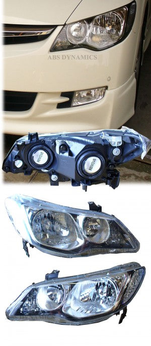 Black Housing Headlights For 2006-2011 Honda Civic 4DR/Sedan – Clear Reflector Lamps – DTM Replacements